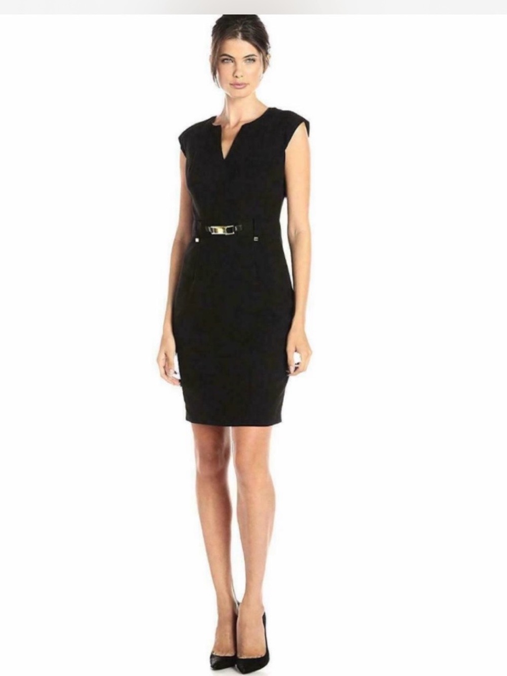 Calvin Klein Black Notch Sheath Dress with Belt Detail